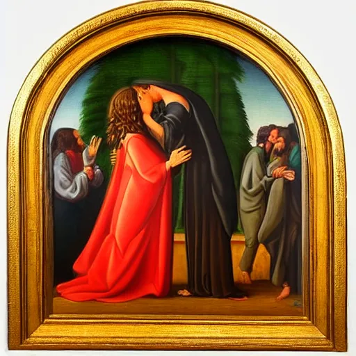 Image similar to 1 8 th oil panting of a jesus kissing a woman