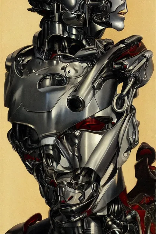 Image similar to futurist half human half robot soldier, art by leyendecker, head and shoulders portrait, blood, cyberpunk, cybernetic implants, very intricate, award winning, extreme details