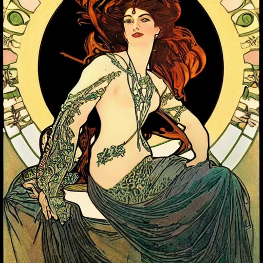 Image similar to ann hathaway portrait by louis - theophile hingre and alphonse mucha, realistic, sharp focus, zodiac signs, tarot cards, planets, ethereal, art nouveau, magic, moon, sun, crown, dreamy, royal, jewellery