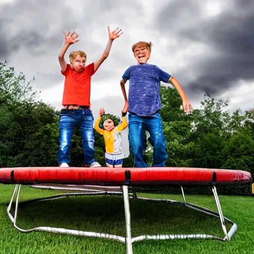 Image similar to two white dads standing by a grill in the suburbs, kid in the background jumping on a trampoline, stormy sky, 4 k,