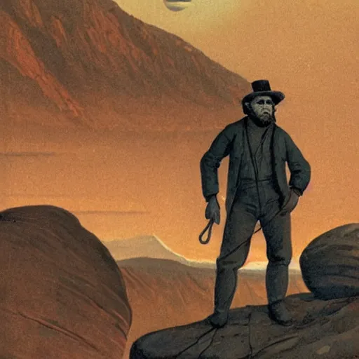 Image similar to 19th century scruffy american trapper, standing on top of boulder, overlooking martian landscape, pulp science fiction illustration