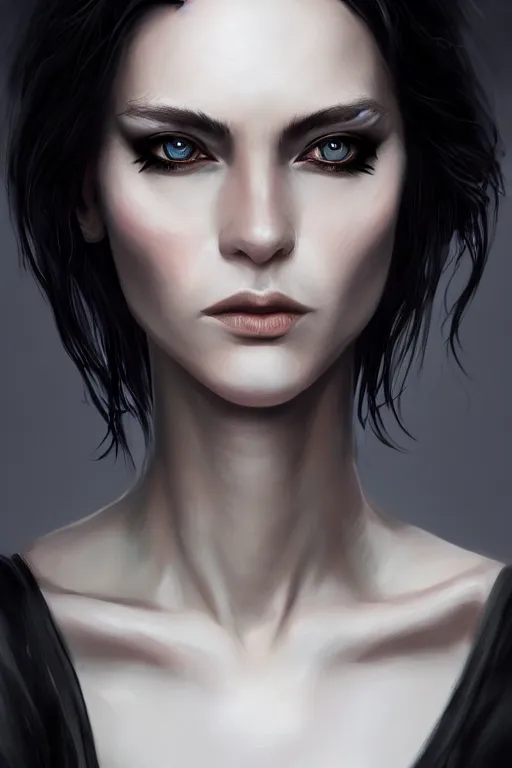 Prompt: ultra realistic style illustration of an androgynous gorgeous witch with shoulder length black hair pale skin and beautiful eyes, headshot, sci - fi, fantasy, intricate, elegant, highly detailed, digital painting, artstation, concept art, smooth, sharp focus, illustration, 8 k frostbite 3 engine, ultra detailed