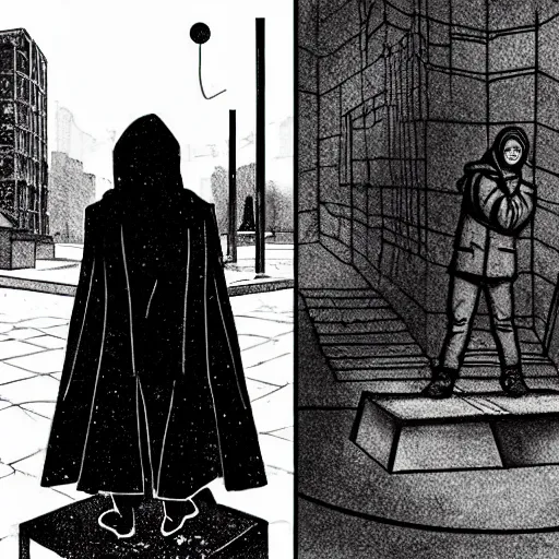 Image similar to storyboard : sadie sink in hoodie sits on bench in ruined square, pedestrians walk by, soviet monument and propaganda posters. scifi cyberpunk. by gabriel hardman. cinematic atmosphere, detailed and intricate, perfect anatomy