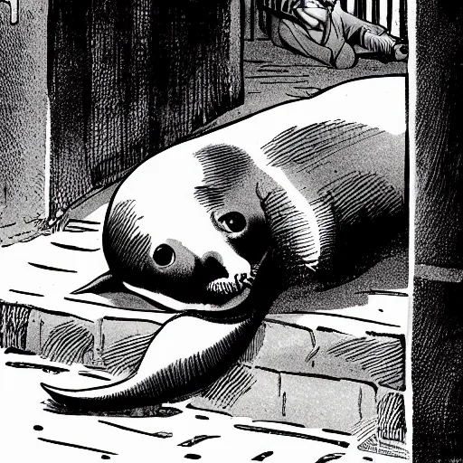 Image similar to baby seal lying face down in a dark alley, wide angle, comic book by frank miller