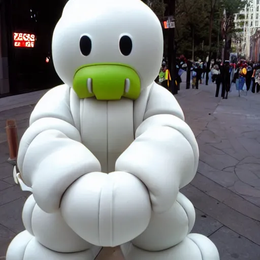 Image similar to kaws Michelin man 1970s street performer