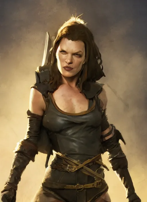 Prompt: hyper realistic photo of medieval rogue milla jovovich, full body, rule of thirds, conceptart, saturated colors, cinematic, greg rutkowski, brom, james gurney, mignola, craig mullins, artstation, cgsociety