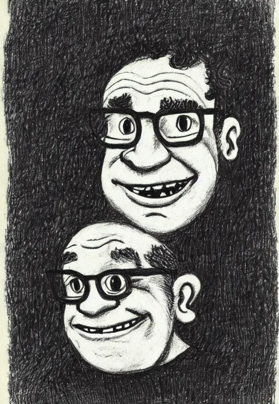 Prompt: portrait of a man with glasses and dark short curly hair, smiling, drawn by maurice sendak