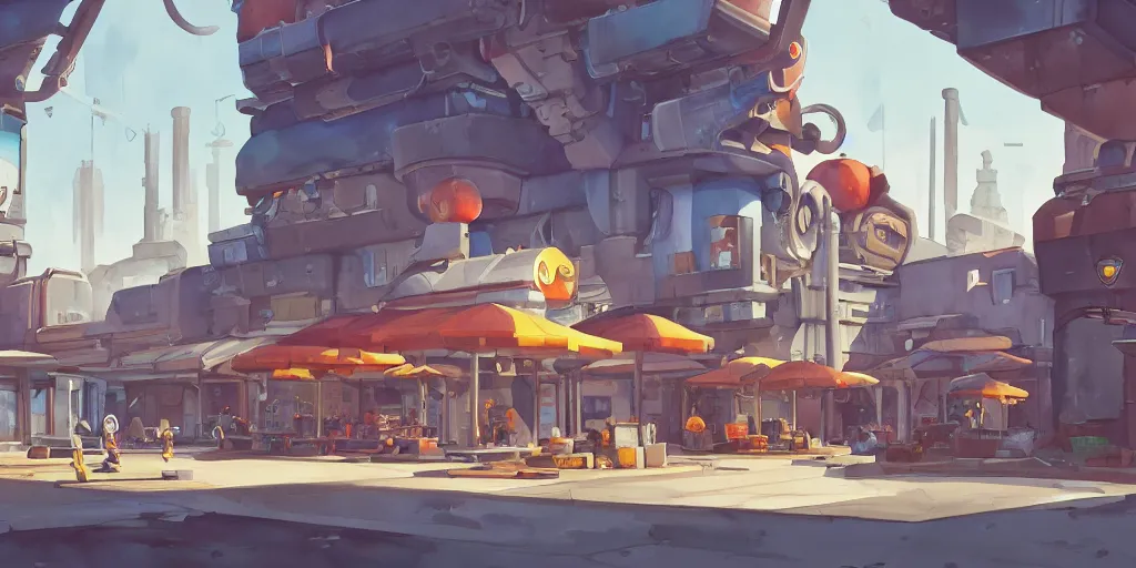 Image similar to overwatch building, stylized, exterior, architecture, in watercolor gouache detailed paintings, insanely detail, artstation, 8 k, futuristic, big medium small, arcane, simon stalenhag, food stall, interesting shapes & form, golden ratio