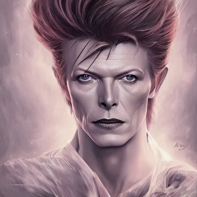 Image similar to portrait of David Bowie, fantasy, intricate, elegant, highly detailed, digital painting, artstation, concept art, smooth, sharp focus, illustration, art by artgerm and greg rutkowski and alphonse mucha