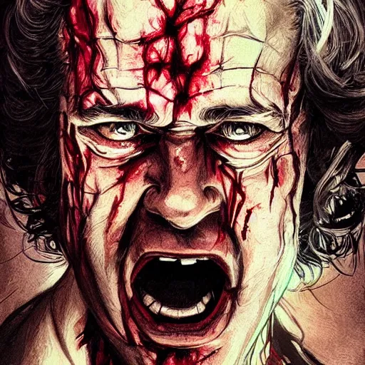 Image similar to portrait of Mel Gibson as a Stranger Things villain, bloody, sinister, intricate, headshot, highly detailed, digital painting, artstation, concept art, sharp focus, illustration, art by artgerm and greg rutkowski and alphonse mucha