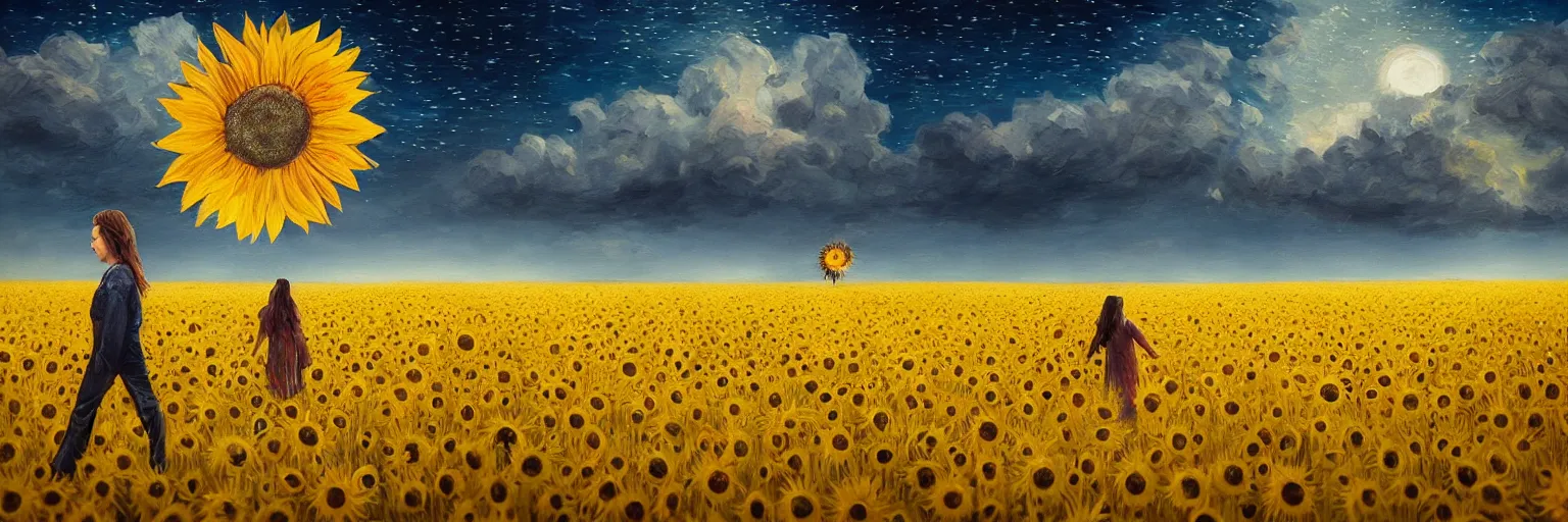 Image similar to giant sunflower as a head, girl walking in wheat field, hills, surreal photography, dark night, star trails, dramatic light, impressionist painting, clouds, digital painting, artstation, simon stalenhag