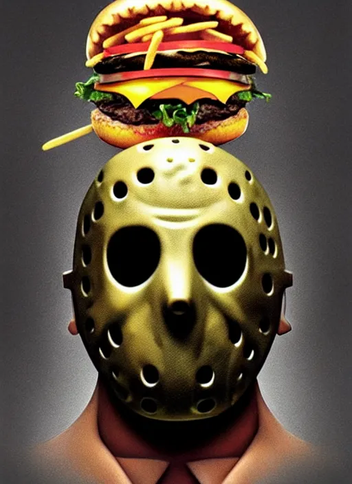 Image similar to hyper detailed 3d render like a Oil painting - Jason Voorhees (Friday the 13th) seen Eating hamburgers and french fries and big macs from mcdonalds by Jacek Yerka, Mariusz Lewandowski, Houdini algorithmic generative render, Abstract brush strokes, Masterpiece, Edward Hopper and James Gilleard, Zdzislaw Beksinski, Mark Ryden, Wolfgang Lettl, hints of Yayoi Kasuma, octane render, 8k