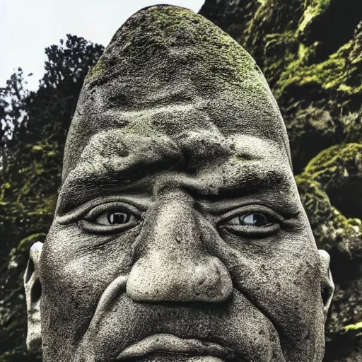 Image similar to a grey mossy rock with the face of dwayne johnson, shot on iphone 1