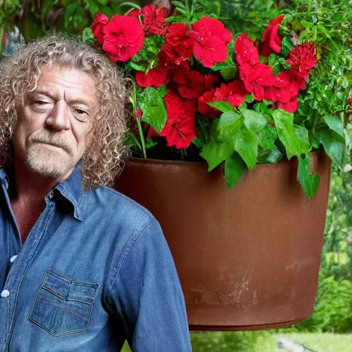 Image similar to robert plant with vines and flower pedals for hair in a large potting container 4 k