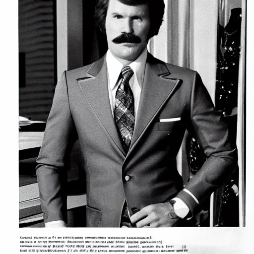 Prompt: shot from a 1 9 7 4 sears catalog of ron burgundy modeling mens clothing, high detail, photorealistic,