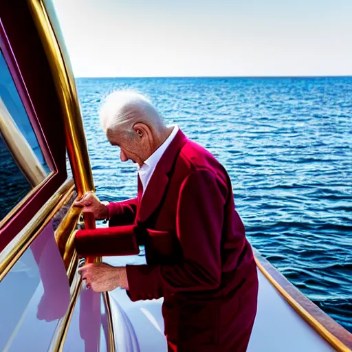 Prompt: wrinkled hunchbacked old man in burgundy suit, polishing painting the side of a gold plated mega yacht with a cloth, maintenance photo