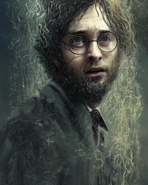 Image similar to a highly detailed portrait of Harry Potter, wispy tendrils of smoke, head and shoulders portrait, intricate detail, digital painting, old english, raining, sepia, particles floating, whimsical background by marc simonetti, artwork by ross tran + ramond swanland + liam wong