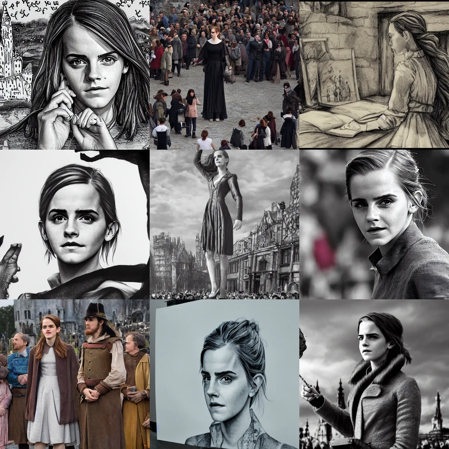 Prompt: Giant Emma Watson stands next to a town, surrounded by people, cross-hatching with ink pen, Gulliver's Travels