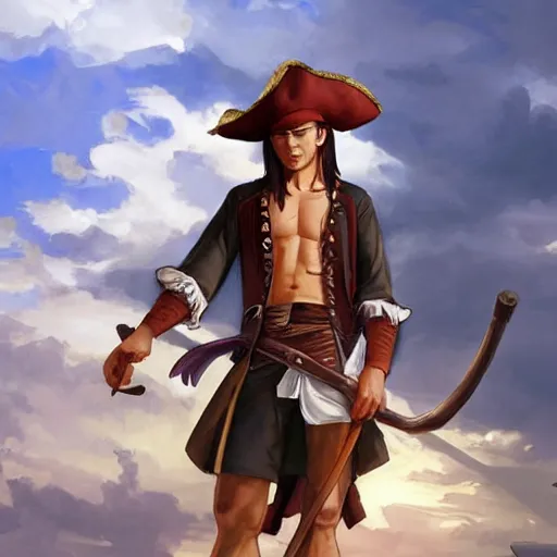 Image similar to Young pirate wearing a straw hat, a scar in the shape of an X on his chest, who wants to be the pirate king and can stretch his body as a rubber, anime style, cartoon, manga, pencil, art by artgerm and greg rutkowski and alphonse mucha