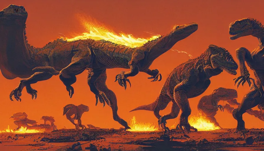 Prompt: the impact that destroyed the dinosaurs by syd mead and moebius, hyperrealistic, dinosaurs scorched