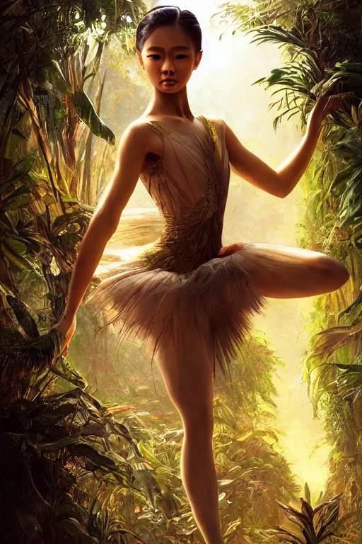 Image similar to stunningly beautiful, filipina prima ballerina in jungle, symmetrical face, golden hour, smooth, focus, highly detailed, hyper realistic, dramatic lighting, elegant, intricate, concept art, art by wlop, mars ravelo, greg rutowski, artstation