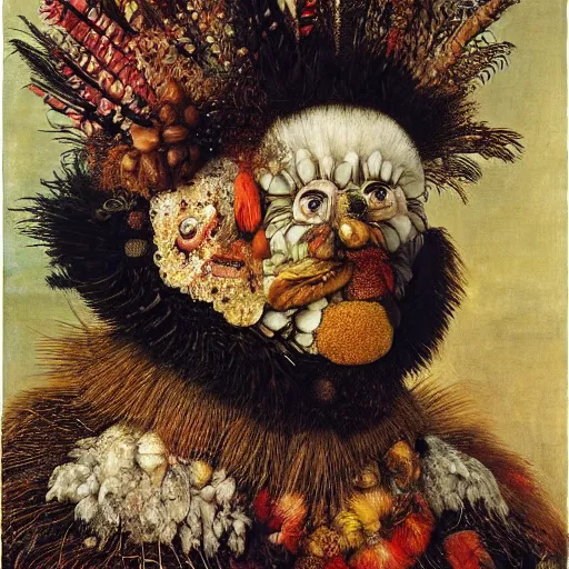 Image similar to a face covered in feathers by giuseppe arcimboldo, oil on canvas