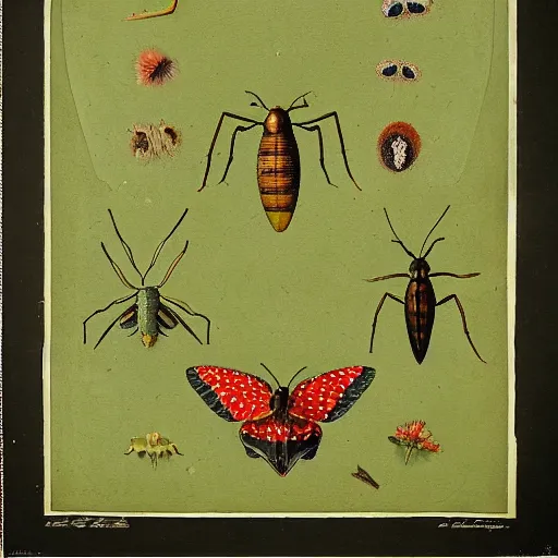 Image similar to wallpaper depicting six-spot burnet moths of different sizes over a soft green background, botanical drawing by Maria Sybilla Merian