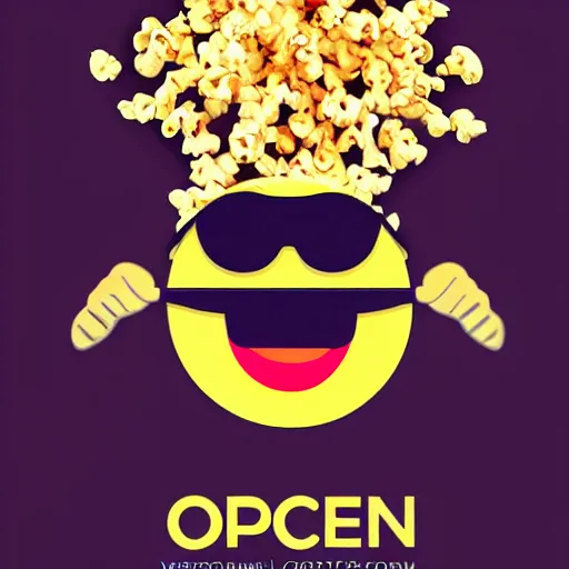 Prompt: vector anime style logo featuring a flaming piece of popcorn with a smiling face, with mirrorshades sunglasses, popcorn as morpheus, clean composition, symmetrical