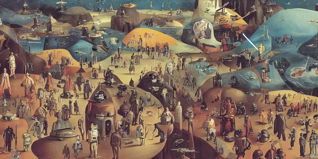 Prompt: a colorful scene from Star Wars, detailed illustration, character design, intricate, by Wes Anderson, hieronymus bosch and Moebius