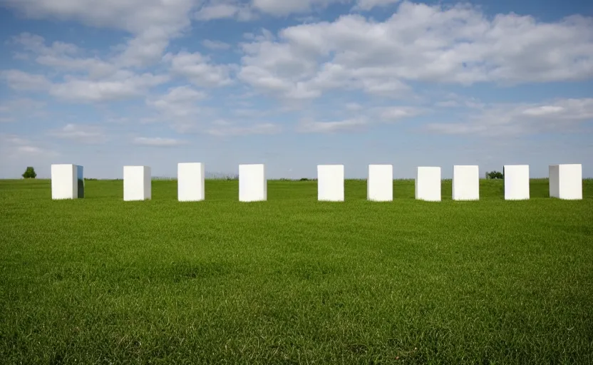 Prompt: color image. five identical large white concrete blocks. empty grassy plain, contrast. surreal, photograph