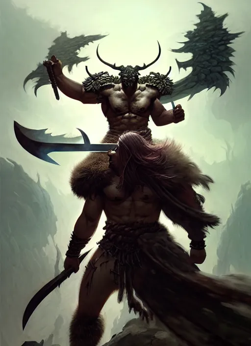 Prompt: a barbarian male horned darkin with a huge sword and wings, dim light, front game card, marvel comics, dark, intricate, highly detailed, smooth, artstation, digital illustration by ruan jia and mandy jurgens and artgerm and wayne barlowe and greg rutkowski and zdislav beksinski