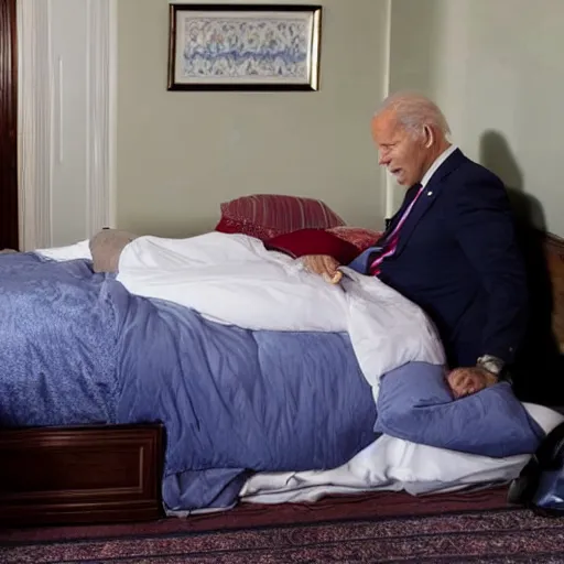 Image similar to Photograph of Joe Biden sleeping in bed with a large Turkish man standing next to the bed, AP photography, 4k