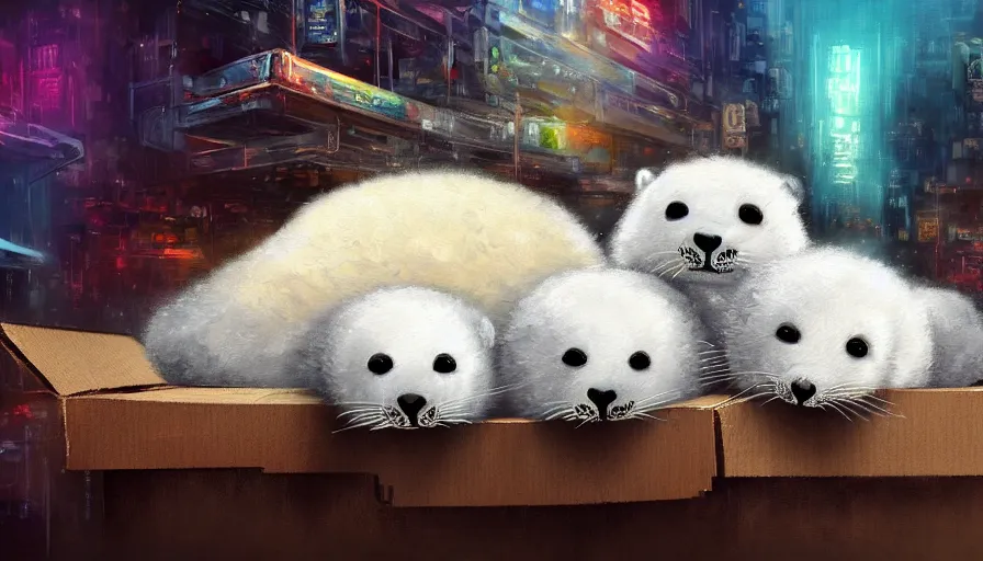 Image similar to highly detailed painting of cute furry white baby seals cuddled up in a cardboard box in a dystopian cyberpunk street by william turner, thick brush strokes and visible paint layers, 4 k resolution, retrowave colour scheme