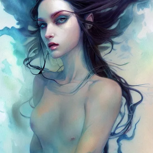 Prompt: full body portrait, long shot, of a beautiful goddess, sworming in flowers, magical, pale skin, blue eyes, long black hair, floating in a misty daze, by pete mohrbacher and greg rutkowski, watercolor painting,q deviantart, pinterest