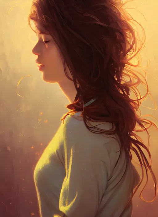 Image similar to handsome young women with shoulder length brown hair, smoking weed, smoke, half body shot, path traced, highly detailed, high quality, digital painting, alena aenami, lilia alvarado, shinji aramaki, karol bak, alphonse mucha, tom bagshaw