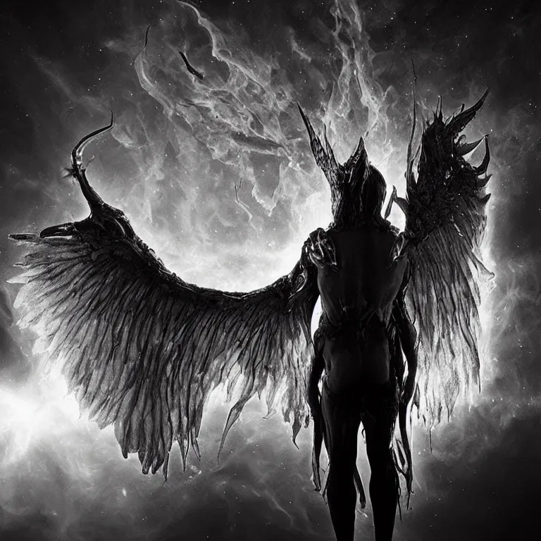 Image similar to a demon with huge nacreous fire wings, standing in shadows of the cosmic glowing sun behind, realistic horrors, cosmic dark vibes evil incarnate, photo pic by hyperrealism