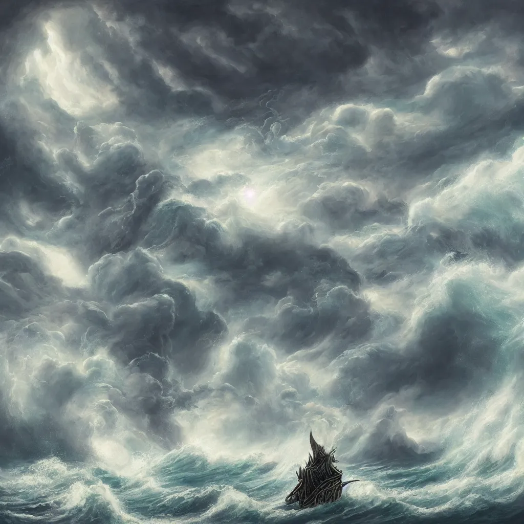 Image similar to a fantasy book style portrait of a giant dragon, stormy sea, giant waves, lightning, small boat, oil painting, 4 k