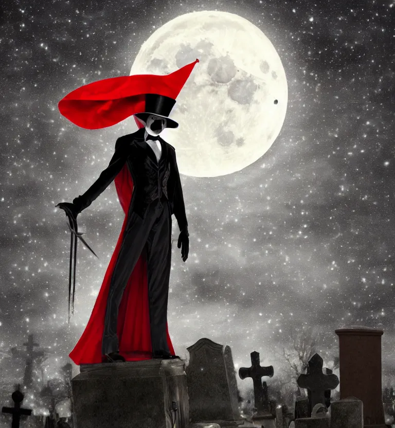 Image similar to a mysterious man in a cemetery on a full moon night wearing a top hat that hides!! his face and a beautiful black and red cape while holding a poseidon trident, digital art. digital painting, moonlight, detailed.