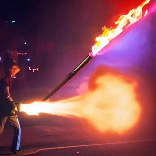 Image similar to photo of a clown using a flamethrower projecting a long bright flame towards a dumpster fire, award-winning, highly-detailed, 8K