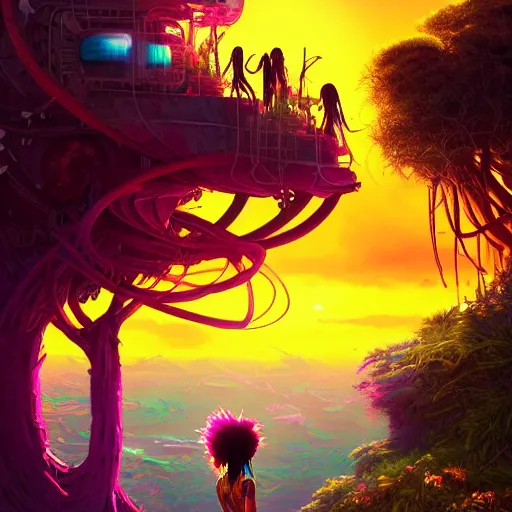 Image similar to an exotic african cyberpunk woman with colorful dreadlocks sitting on a cliff overlooking a field of colorful flowers with a giant glowing baobab tree in the middle, it is sunset, by greg rutkowski and android jones and Alena Aenami in a surreal cyberpunk! style, oil on canvas, 8k hd,