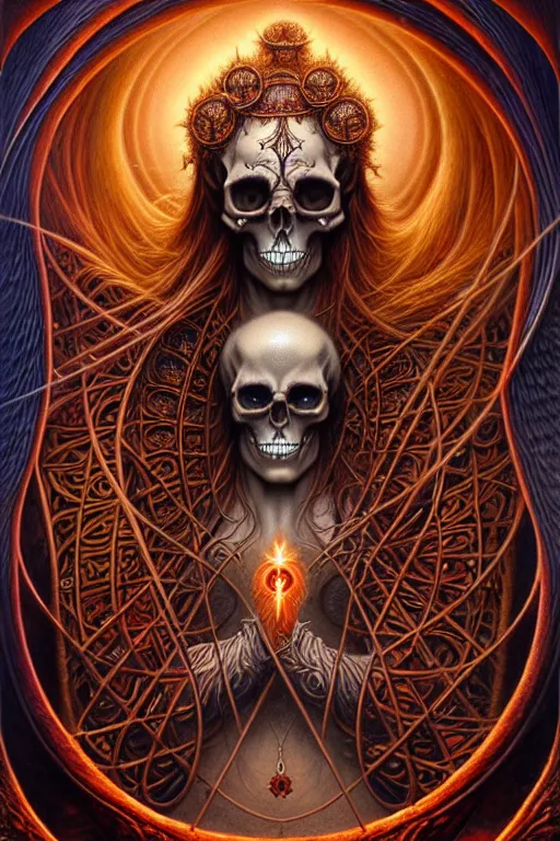 Image similar to A beautiful detailed orixa, tarot card, by tomasz alen kopera and Justin Gerard, symmetrical features, ominous, magical realism, texture, intricate, ornate, royally decorated, skull, skeleton, whirling smoke, embers, red adornements, red torn fabric, radiant colors, fantasy, trending on artstation, volumetric lighting, micro details, 3d sculpture, ray tracing, 8k, anaglyph effect