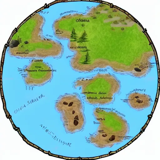 Image similar to dnd world map, mountains, villages, rivers, oceans, islands, unlabeled