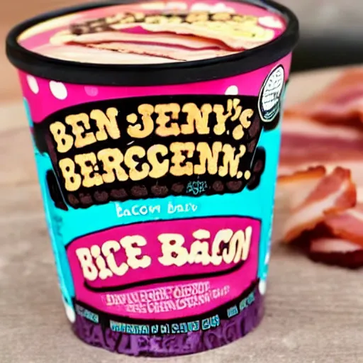 Prompt: ben and jerry's bacon flavoured ice cream, bacon written on the front