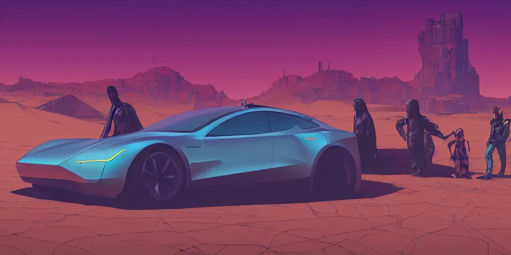 Prompt: tesla in desert by mœbius, wide shot, realistic, cyberpunk 2 0 7 7 character art, gta v loading screen art, blade runner 2 0 4 9 concept art, cel shading, thick lines, artstation, art by stephen bliss