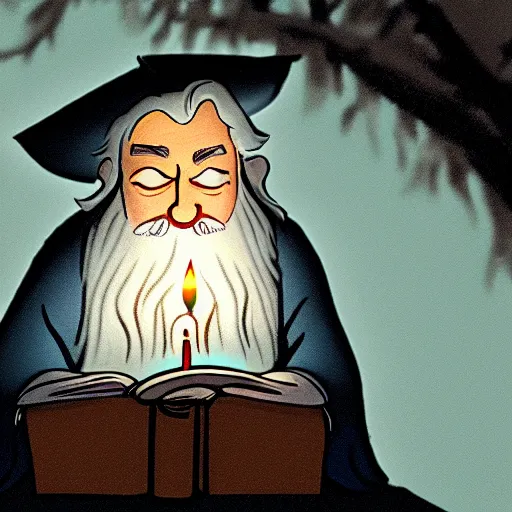 Image similar to Gandalf reading a tome by candle light in the style of JM Animation