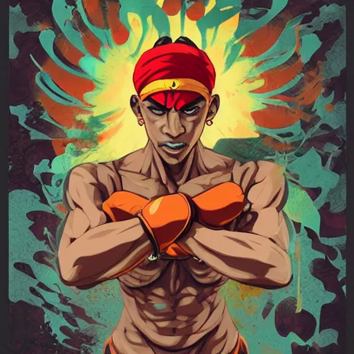 Prompt: Street Fighter 4 Dhalsim profile picture by Sachin Teng, asymmetrical, Organic Painting , adidas, Impressive, Award Winning, Warm, Good Vibes, Positive, geometric shapes, hard edges, energetic, intricate background, graffiti, street art:2 by Sachin Teng:4