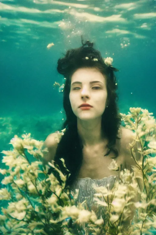 Image similar to film still, underwater view of young woman face with flowers from behind , 35mm