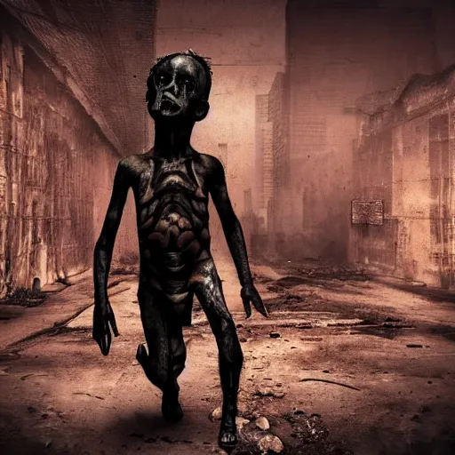 Prompt: a dark render of the apocalypse in a postapocalyptic style, street, child in the style of giger