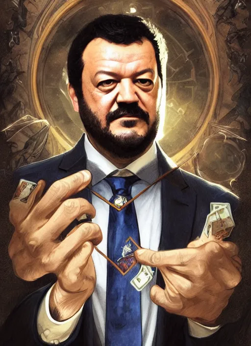 Image similar to matteo salvini, wearing a suit, tarot card, deep focus, d & d, fantasy, intricate, elegant, highly detailed, digital painting, artstation, concept art, matte, sharp focus, italian flag, illustration, hearthstone, art by artgerm and greg rutkowski and alphonse mucha