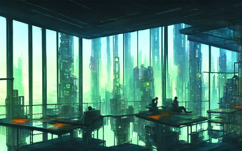 Prompt: cyberpunk loft lounge with tall windows, few people, city in background, drawn by feng zhu, sparse plants, dim painterly lighting volumetric aquatics, impasto